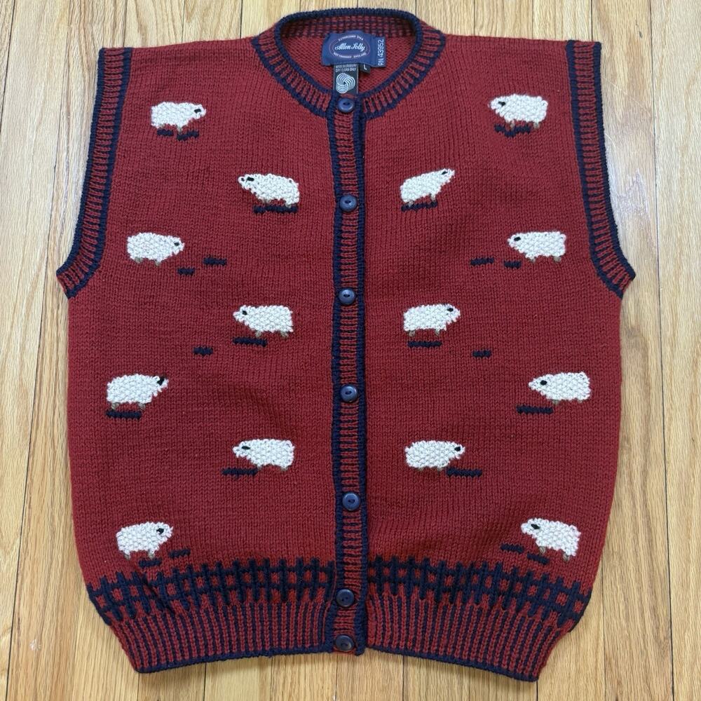 Vintage Allen Solly Women’s Size L Red Wool Knit Sweater Vest Sheep Pattern